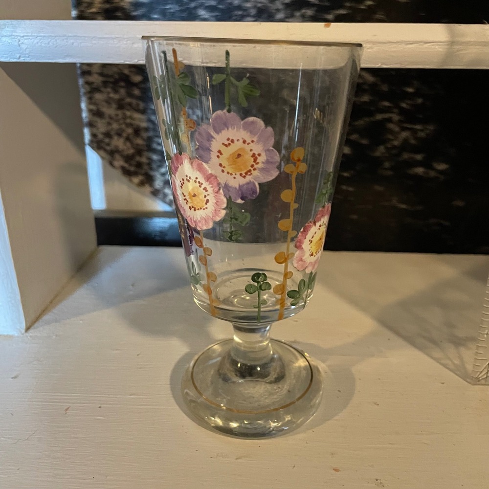 Vintage Floral Painted Glass Goblet, Zum Andenken Hand Painted Bud‎ Vase